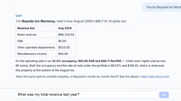 BooksGPT breaking down one property’s revenue inside a portfolio conversation