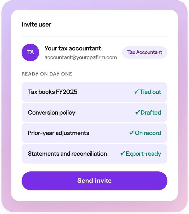 Inviting a tax accountant to Docyt Tax Center with FY2025 tax books tied out, conversion policy drafted and statements export-ready