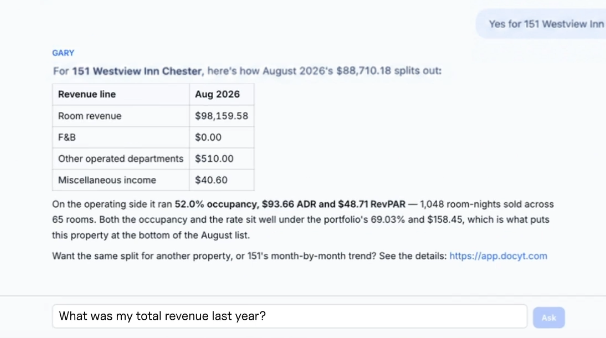 BooksGPT breaking down one property's revenue inside a portfolio conversation