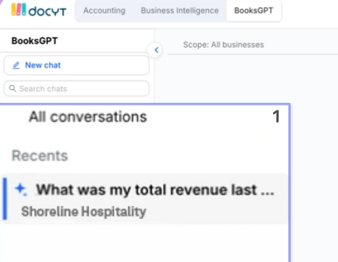 BooksGPT sidebar with a past conversation listed under Recents
